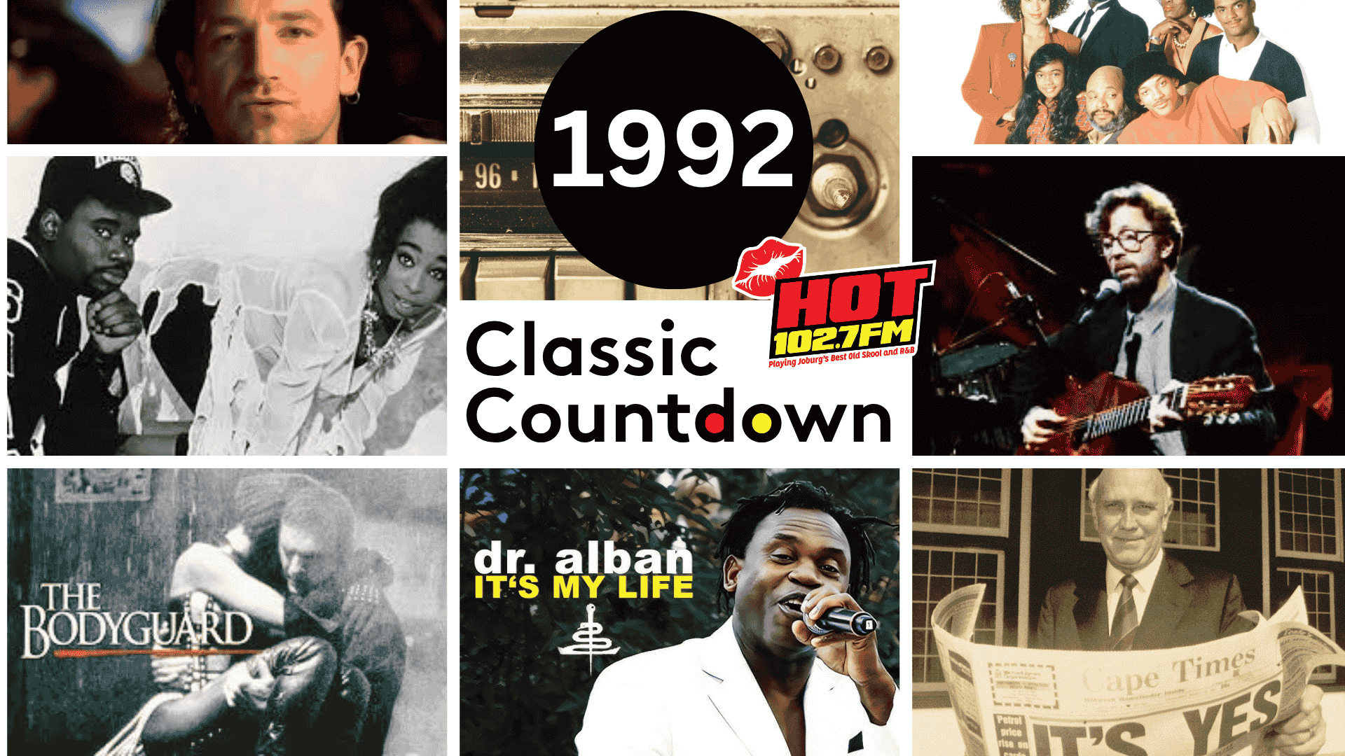 A collage featuring music icons and album covers from 1992, showcasing top hits from artists, bands, and radio imagery, with text reading 1992 Classic Countdown HOT 102.7 FM.