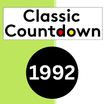 A graphic with the words Classic Countdown above a large black circle containing 1992, highlighting the top hits. The background is divided vertically, half light green and half white. The O in Countdown is red and the D is yellow.