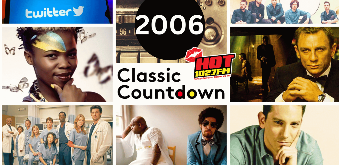 A 2006-themed collage featuring the Twitter logo, musicians, actors, Mortal Kombat icons, doctors from Grey&rsquo;s Anatomy, Daniel Craig as James Bond, radio station HOT 102.7 FM, and Classic Countdown text in the center.