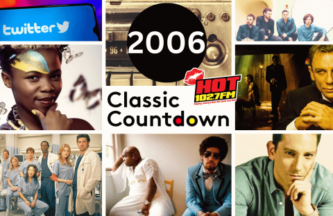 A 2006-themed collage featuring the Twitter logo, musicians, actors, Mortal Kombat icons, doctors from Grey&rsquo;s Anatomy, Daniel Craig as James Bond, radio station HOT 102.7 FM, and Classic Countdown text in the center.