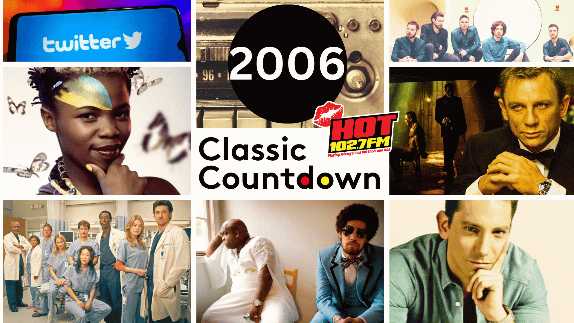 A 2006-themed collage featuring the Twitter logo, musicians, actors, Mortal Kombat icons, doctors from Grey’s Anatomy, Daniel Craig as James Bond, radio station HOT 102.7 FM, and Classic Countdown text in the center.