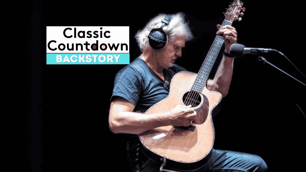 A man wearing headphones plays an acoustic guitar in a recording studio. To his left, text reads Classic Countdown Backstory on a dark background, setting the stage for a Backstory special featuring Robert Palmer’s musical journey.