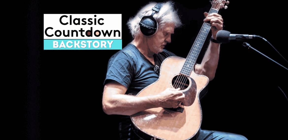 A man wearing headphones plays an acoustic guitar in a recording studio. To his left, text reads Classic Countdown Backstory on a dark background, setting the stage for a Backstory special featuring Robert Palmer&rsquo;s musical journey.