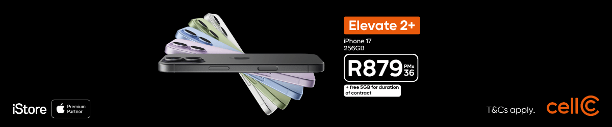 A row of iPhone 17 devices in various colors is displayed, with text promoting Elevate 2+ iPhone 17 256GB R879 p/m x 36 and + free 5GB for the duration of contract. iStore, Cell C, and hot club logos are visible.