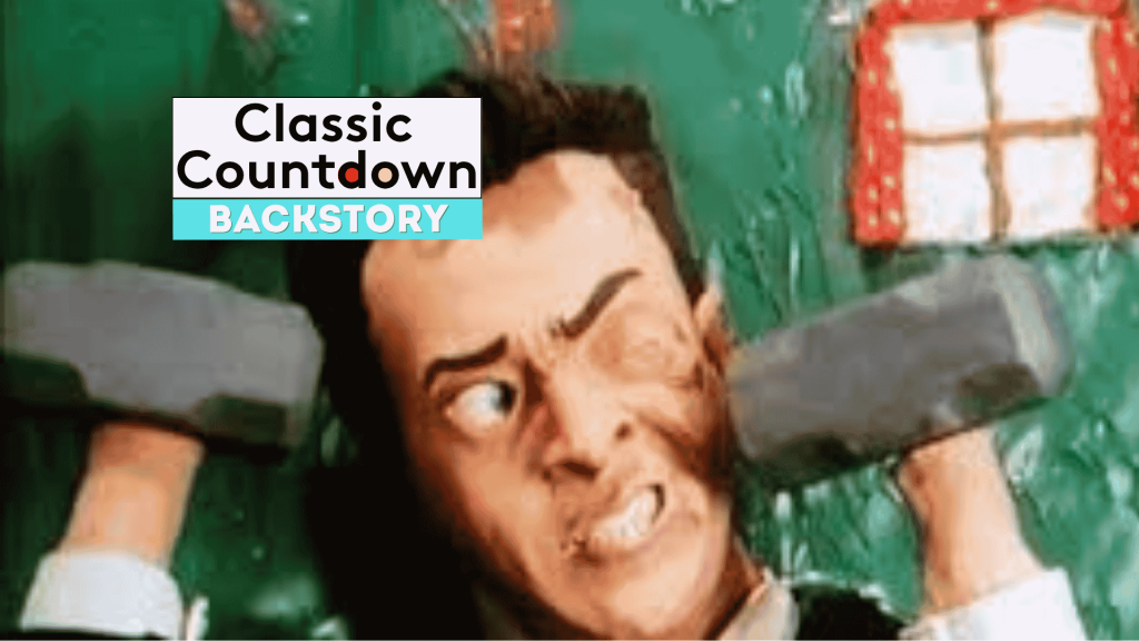 A clay animation character with an exaggerated facial expression lifts two gray dumbbells in front of a green background and a red window, channeling Robert Palmer style. Text on the image reads Classic Countdown Backstory.