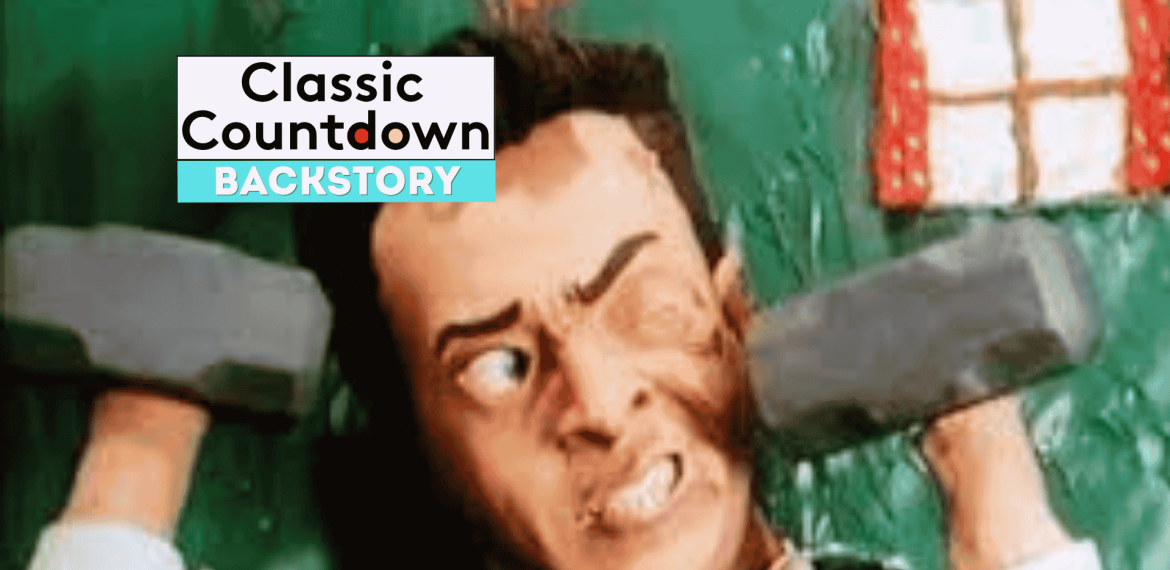 A clay animation character with an exaggerated facial expression lifts two gray dumbbells in front of a green background and a red window, channeling Robert Palmer style. Text on the image reads Classic Countdown Backstory.