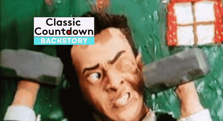 A clay animation character with an exaggerated facial expression lifts two gray dumbbells in front of a green background and a red window, channeling Robert Palmer style. Text on the image reads Classic Countdown Backstory.