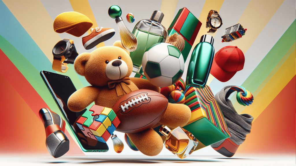 A colorful assortment of items, including a teddy bear, football, sneakers, perfume bottles, a Rubik's cube, and more floats against a vibrant striped background—showcasing the playful spirit inspired by Lloyd Madurai.