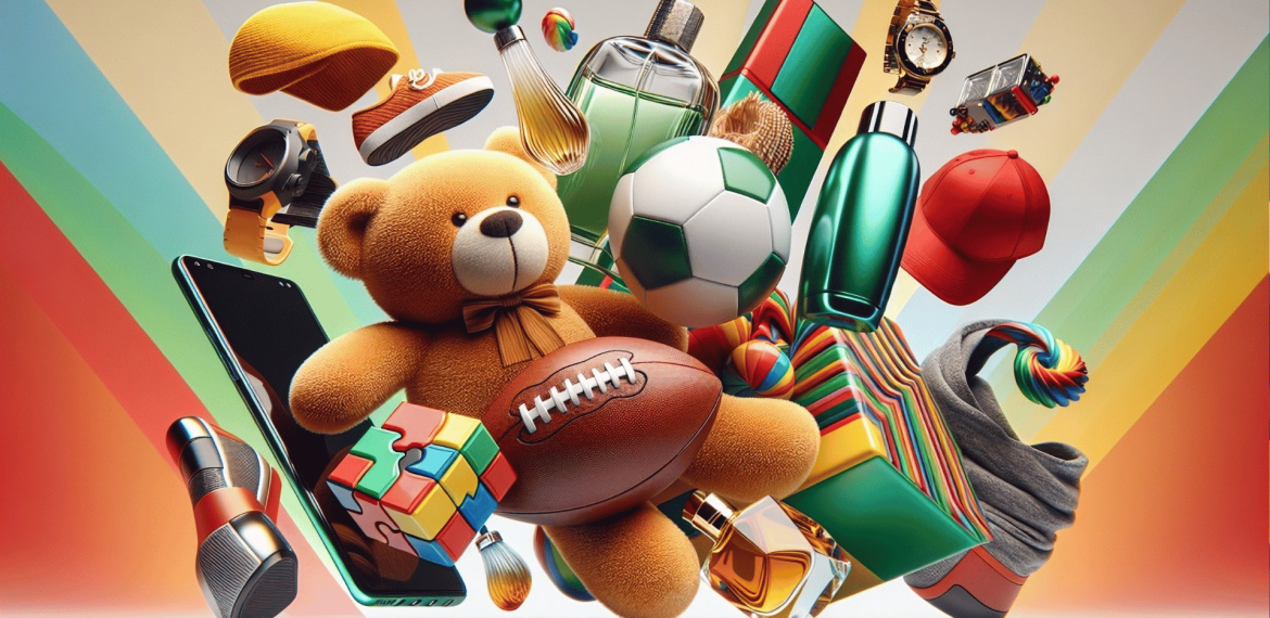 A colorful assortment of items, including a teddy bear, football, sneakers, perfume bottles, a Rubik's cube, and more floats against a vibrant striped background&mdash;showcasing the playful spirit inspired by Lloyd Madurai.