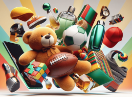A colorful assortment of items, including a teddy bear, football, sneakers, perfume bottles, a Rubik's cube, and more floats against a vibrant striped background—showcasing the playful spirit inspired by Lloyd Madurai.