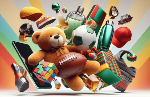 A colorful assortment of items, including a teddy bear, football, sneakers, perfume bottles, a Rubik's cube, and more floats against a vibrant striped background&mdash;showcasing the playful spirit inspired by Lloyd Madurai.