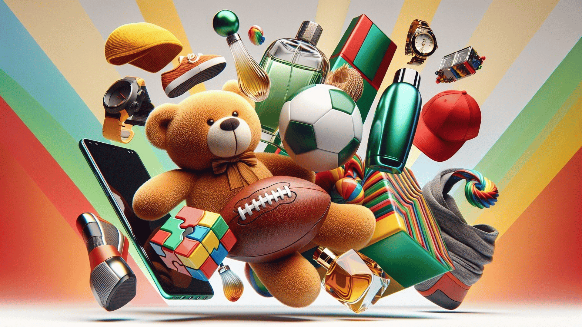 A colorful assortment of items, including a teddy bear, football, sneakers, perfume bottles, a Rubik's cube, and more floats against a vibrant striped background—showcasing the playful spirit inspired by Lloyd Madurai.