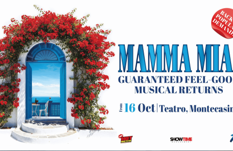 Poster for Mamma Mia! features a Greek-style white building with a blue door and vibrant red flowers, overlooking the sea. Text announces the musicals return from 16 Oct at Teatro, Montecasino.