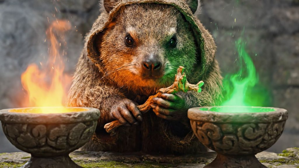 A quokka wearing a brown hooded cloak holds a twisted wooden staff, sitting between two stone bowls with orange and green magical flames, as if guarding an ancient World Cup trophy against a stone background.