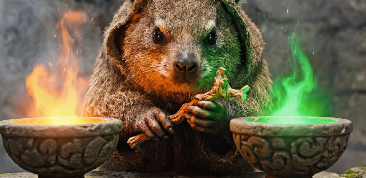 A quokka wearing a brown hooded cloak holds a twisted wooden staff, sitting between two stone bowls with orange and green magical flames, as if guarding an ancient World Cup trophy against a stone background.