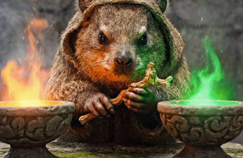 A quokka wearing a brown hooded cloak holds a twisted wooden staff, sitting between two stone bowls with orange and green magical flames, as if guarding an ancient World Cup trophy against a stone background.