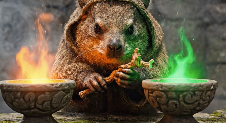 A quokka wearing a brown hooded cloak holds a twisted wooden staff, sitting between two stone bowls with orange and green magical flames, as if guarding an ancient World Cup trophy against a stone background.