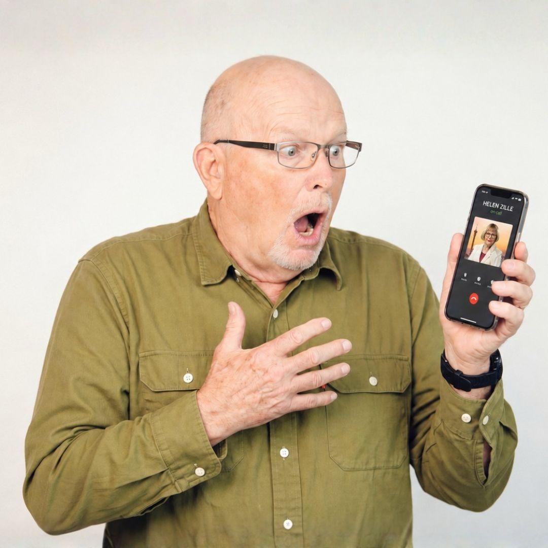 An older man with glasses and a green shirt looks surprised while holding a smartphone showing an incoming video call from someone named Helen Dale.