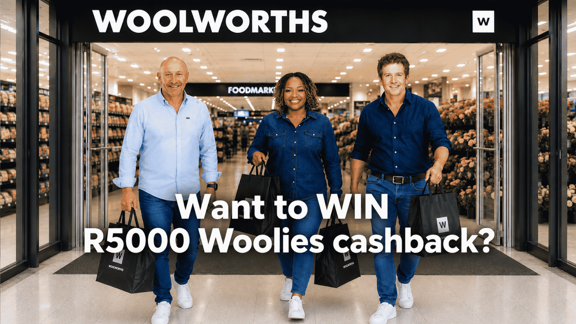 Three people, two men and one woman, walk out of a Woolworths store carrying black Woolworths shopping bags, smiling. Text reads: Want to WIN R5000 Woolies cashback?.