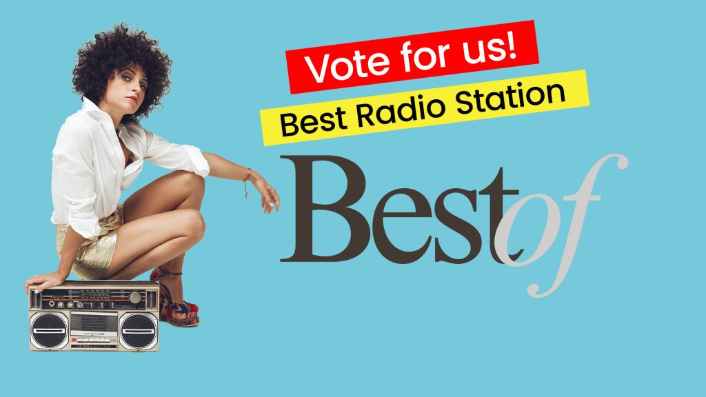 A person with curly hair crouches beside a boombox. Red and yellow banners read “Vote for us! Best Radio Station” above large “Best of” text on a blue background.