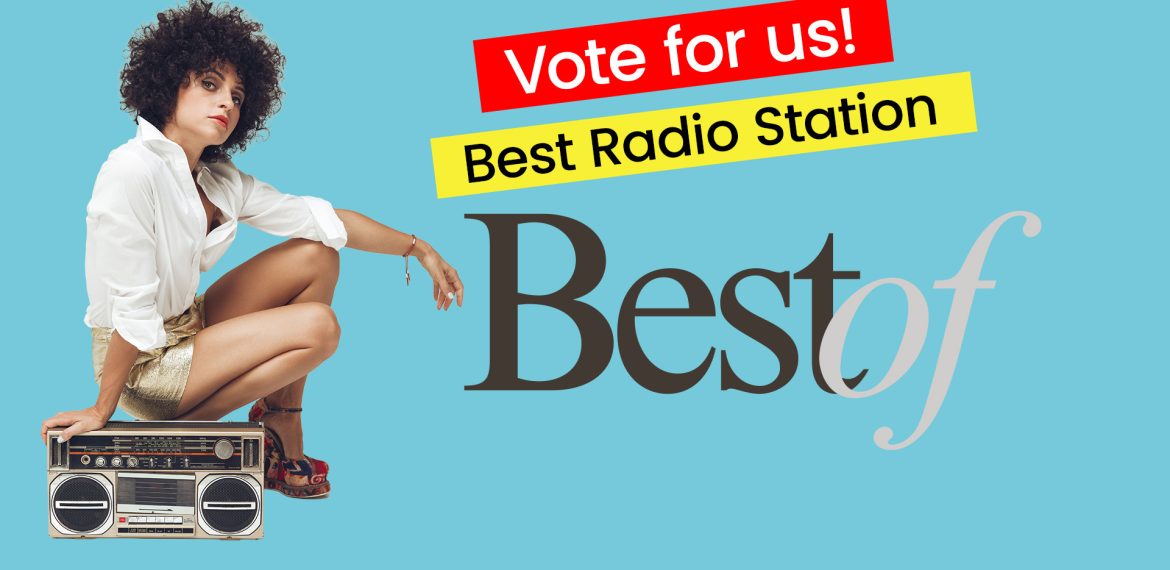 A person with curly hair crouches beside a boombox. Red and yellow banners read &ldquo;Vote for us! Best Radio Station&rdquo; above large &ldquo;Best of&rdquo; text on a blue background.