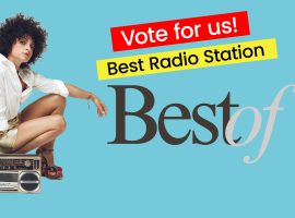 A person with curly hair crouches beside a boombox. Red and yellow banners read “Vote for us! Best Radio Station” above large “Best of” text on a blue background.