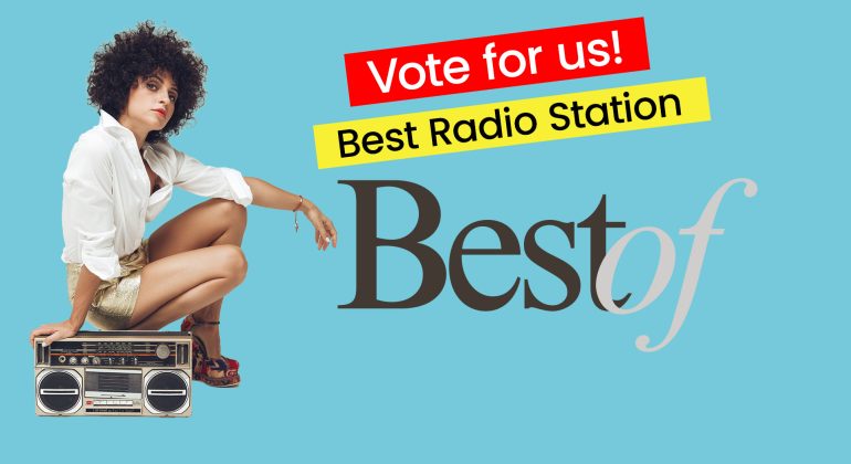 A person with curly hair crouches beside a boombox. Red and yellow banners read “Vote for us! Best Radio Station” above large “Best of” text on a blue background.