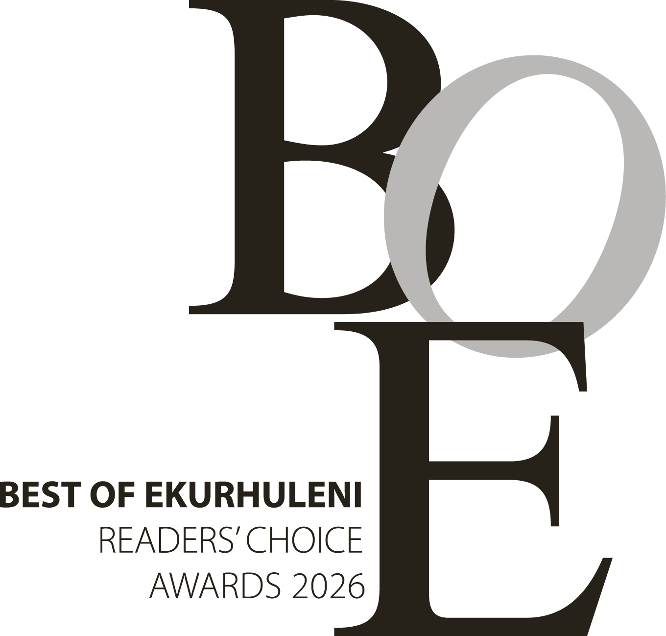 Logo with large overlapping letters B, O, E and text: Best of Ekurhuleni Readers’ Choice Awards 2026 in black and gray on a white background.