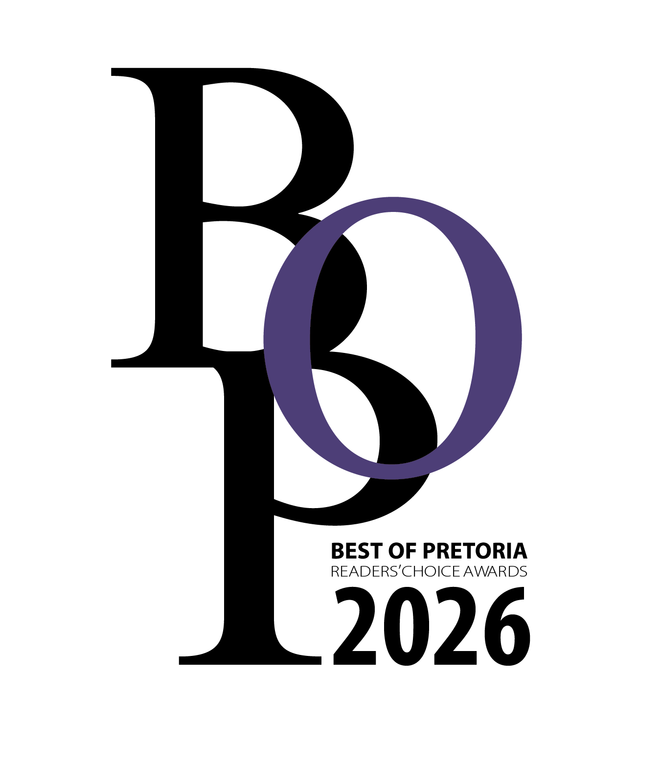 Large stylized letters BOP overlap. Below, text reads Best of Pretoria Readers Choice Awards 2026. The O is purple; other letters are black on a light gray background.