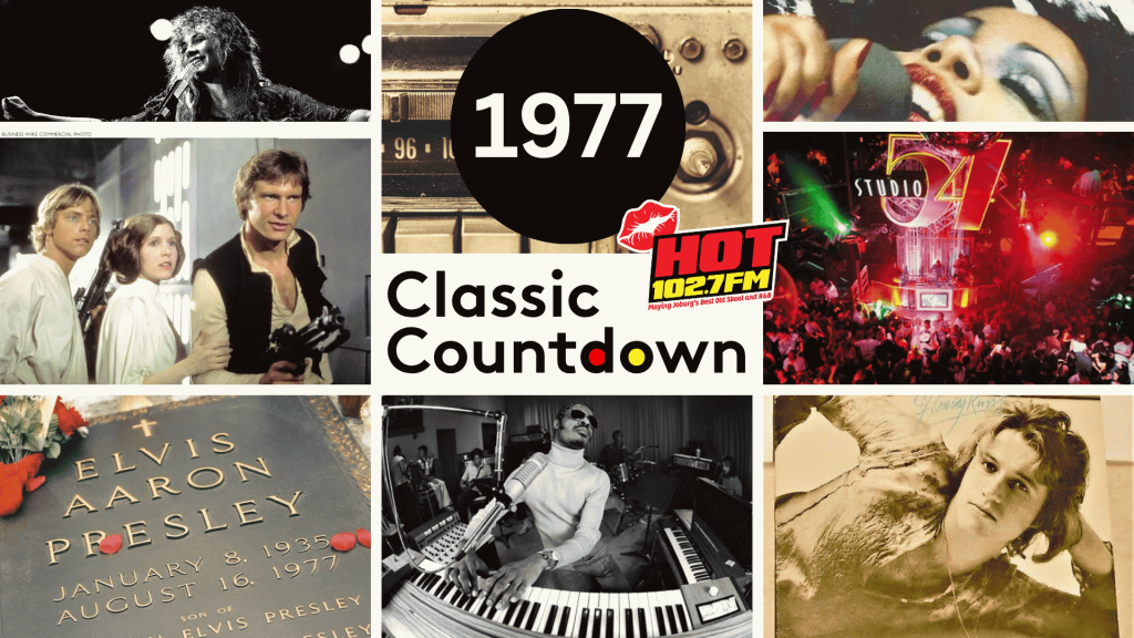 A collage of 1977 pop culture: musicians performing, Star Wars cast, Studio 54, a radio station logo, Elvis Presley’s gravestone, a man at a keyboard, and a classic record player. Central text reads “1977 Classic Countdown.”.