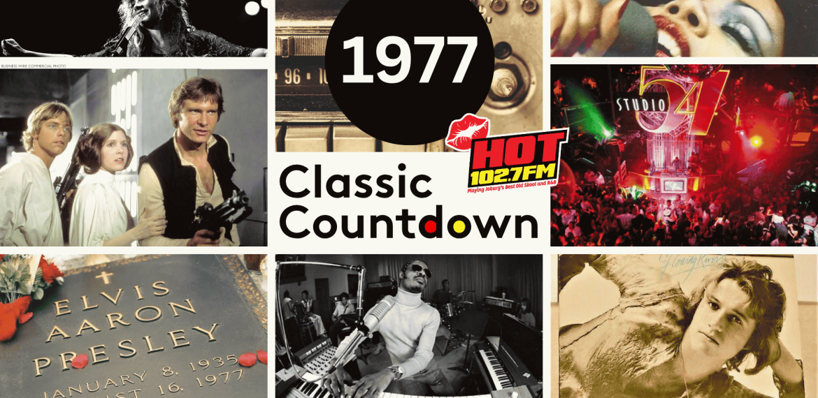 A collage of 1977 pop culture: musicians performing, Star Wars cast, Studio 54, a radio station logo, Elvis Presley&rsquo;s gravestone, a man at a keyboard, and a classic record player. Central text reads &ldquo;1977 Classic Countdown.&rdquo;.
