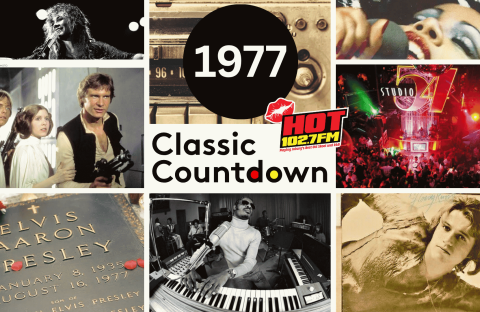 A collage of 1977 pop culture: musicians performing, Star Wars cast, Studio 54, a radio station logo, Elvis Presley&rsquo;s gravestone, a man at a keyboard, and a classic record player. Central text reads &ldquo;1977 Classic Countdown.&rdquo;.