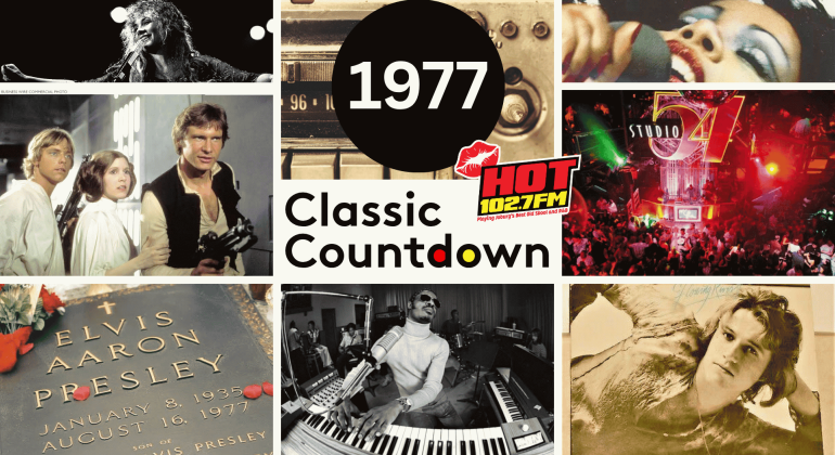 A collage of 1977 pop culture: musicians performing, Star Wars cast, Studio 54, a radio station logo, Elvis Presley’s gravestone, a man at a keyboard, and a classic record player. Central text reads “1977 Classic Countdown.”.