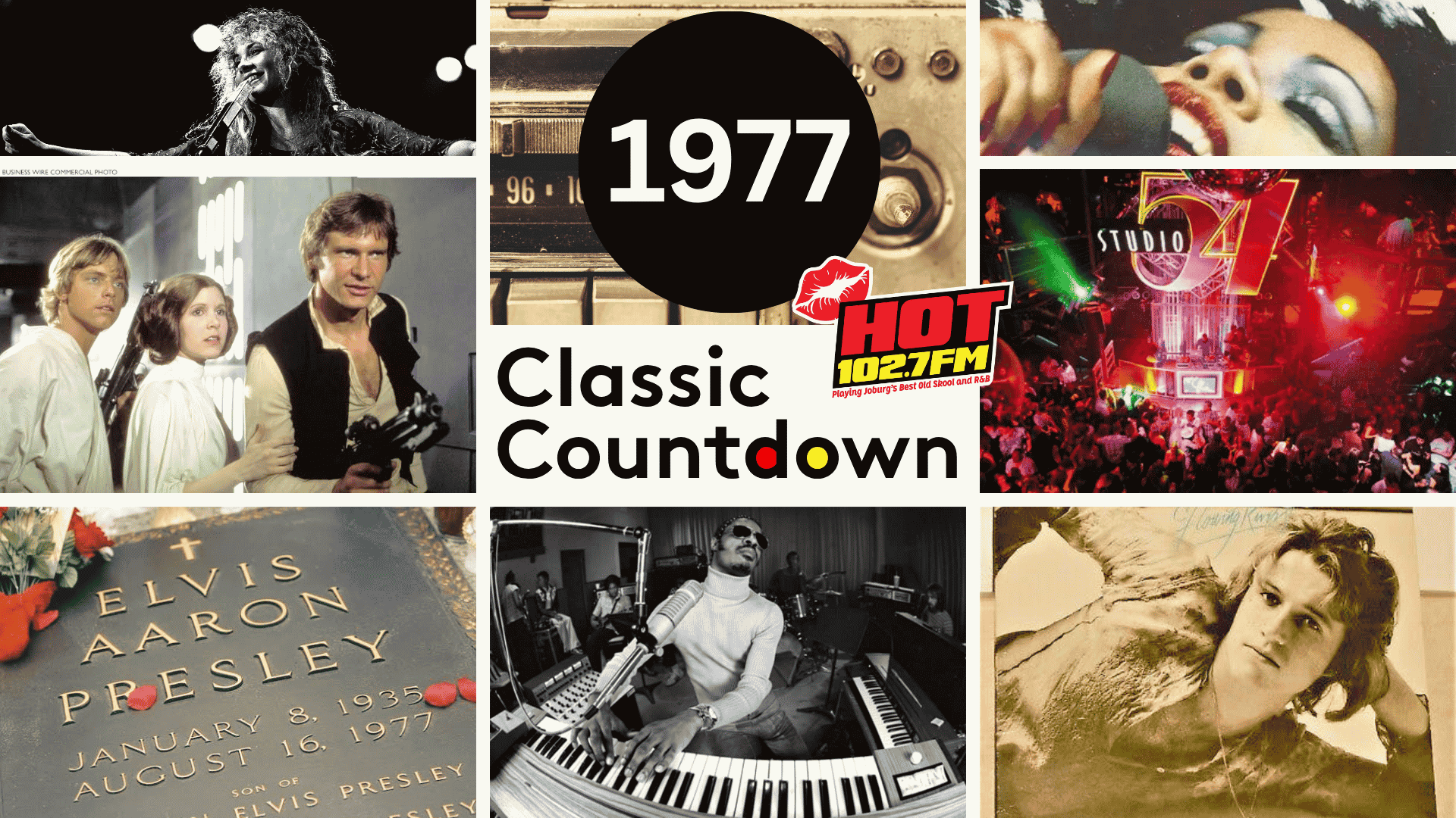 A collage of 1977 pop culture: musicians performing, Star Wars cast, Studio 54, a radio station logo, Elvis Presley’s gravestone, a man at a keyboard, and a classic record player. Central text reads “1977 Classic Countdown.”.