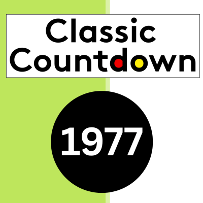 Classic Countdown text above a black circle with 1977 inside. The background is split vertically: left side is light green, right side is white.
