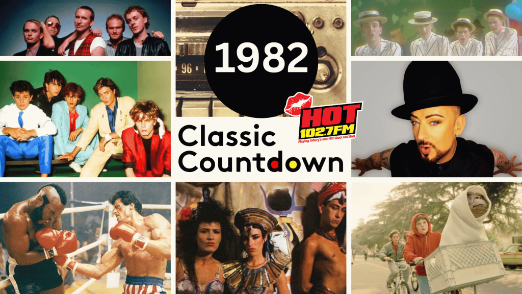 Collage of 1982 pop culture: music groups, Boy George, a cassette tape, Classic Countdown text, Mr. T boxing, a sci-fi scene, and a scene from E.T. with a child and alien in a bicycle basket.