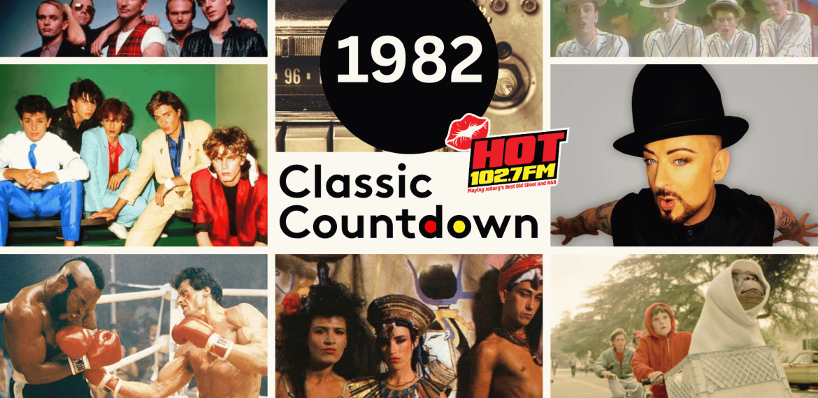 Collage of 1982 pop culture: music groups, Boy George, a cassette tape, Classic Countdown text, Mr. T boxing, a sci-fi scene, and a scene from E.T. with a child and alien in a bicycle basket.