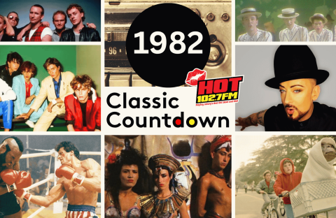 Collage of 1982 pop culture: music groups, Boy George, a cassette tape, Classic Countdown text, Mr. T boxing, a sci-fi scene, and a scene from E.T. with a child and alien in a bicycle basket.