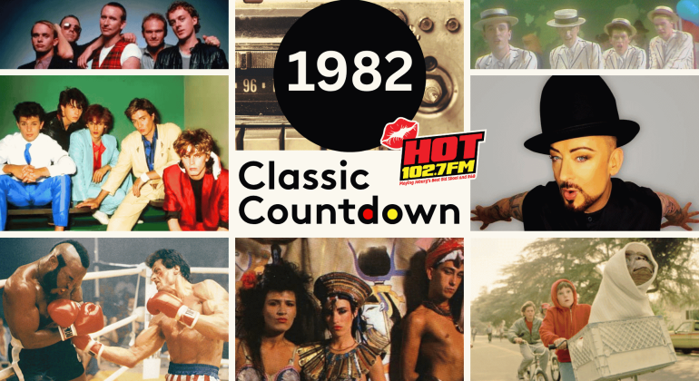 Collage of 1982 pop culture: music groups, Boy George, a cassette tape, Classic Countdown text, Mr. T boxing, a sci-fi scene, and a scene from E.T. with a child and alien in a bicycle basket.