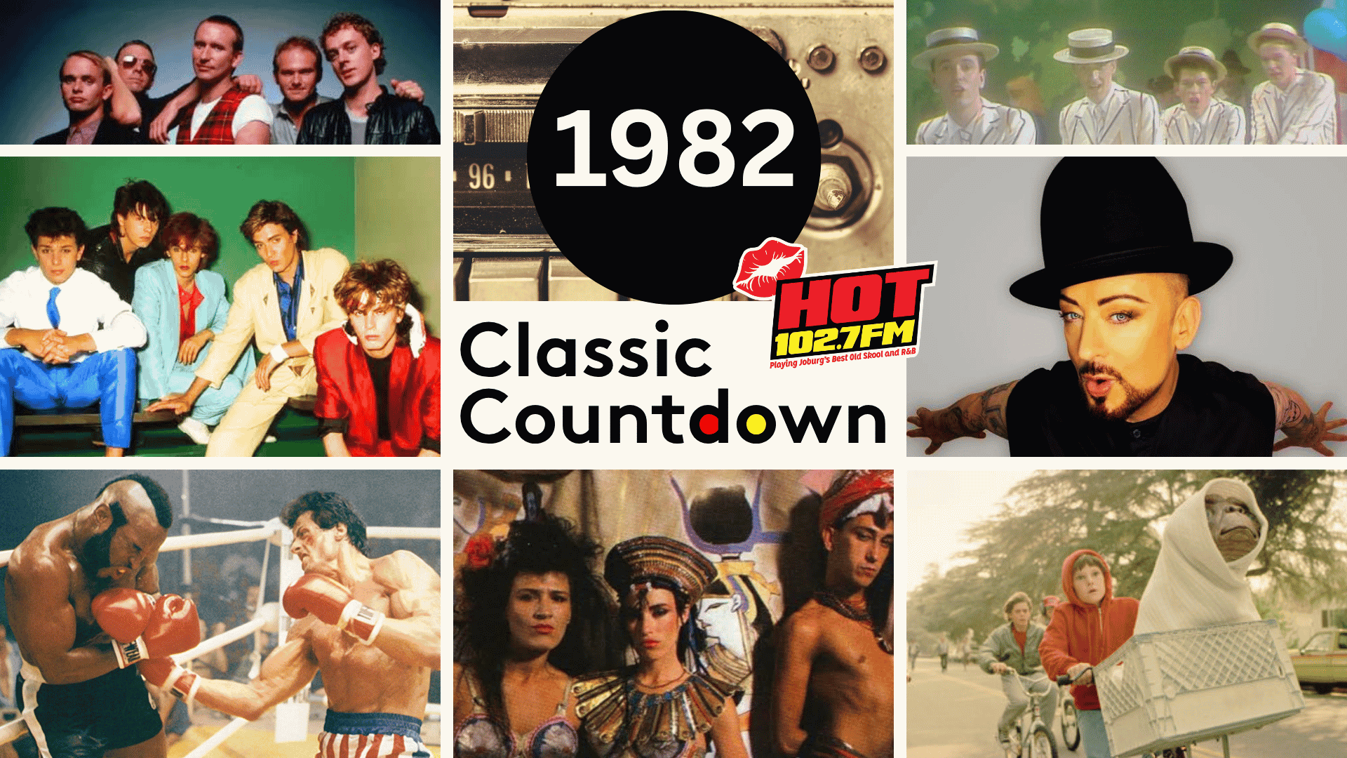 Collage of 1982 pop culture: music groups, Boy George, a cassette tape, Classic Countdown text, Mr. T boxing, a sci-fi scene, and a scene from E.T. with a child and alien in a bicycle basket.