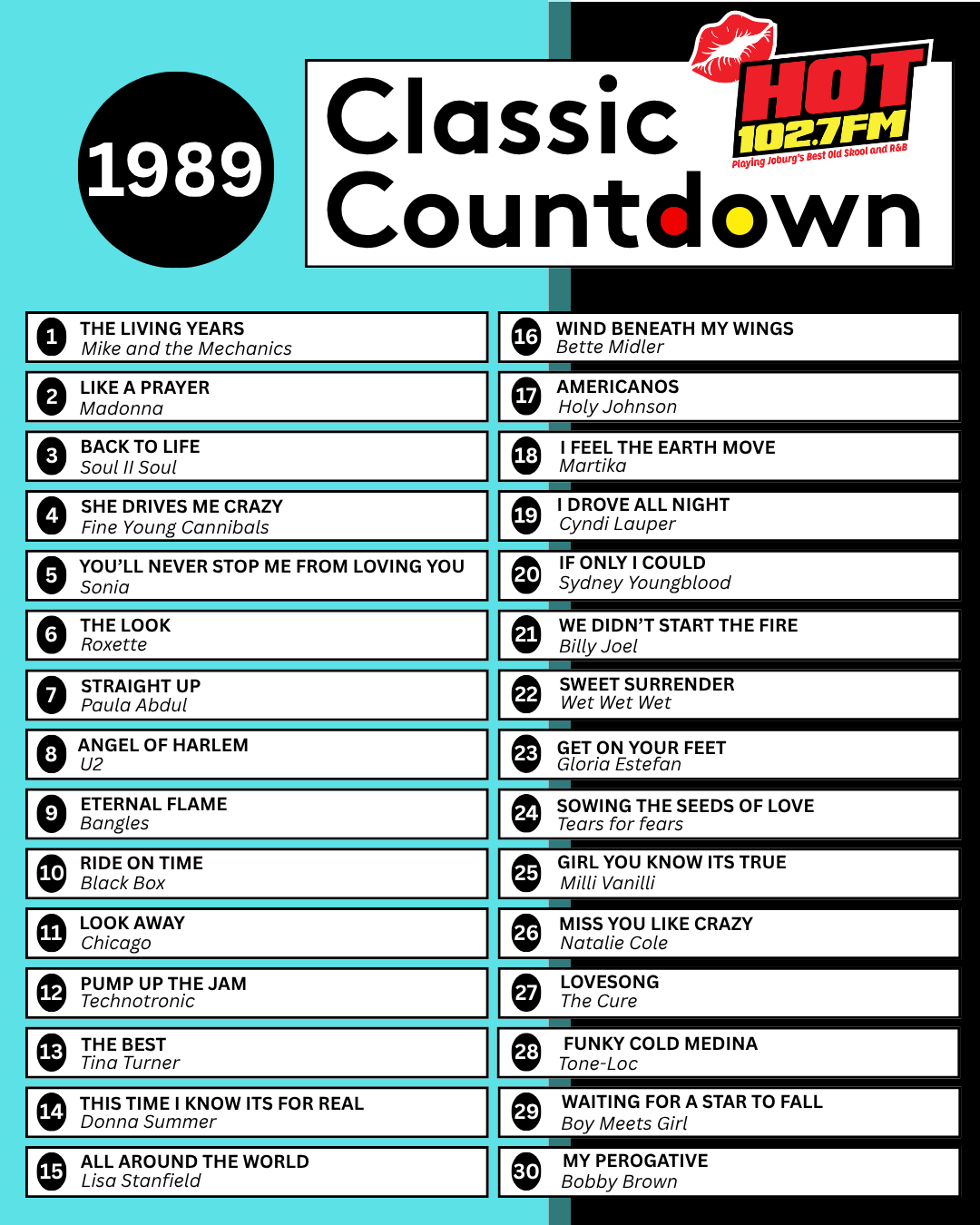 A colorful chart titled 1989 Classic Countdown, listing the top 25 songs of 1989 with artists, next to a HOT 102.7FM logo. The chart uses teal, black, white, and red highlights.
