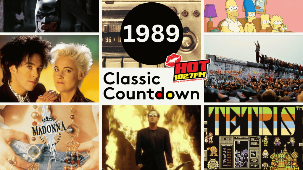 A collage featuring Batman, a radio, The Simpsons, Roxette, the Berlin Wall, Madonna, a man in sunglasses, and a Tetris game, all around a 1989 Classic Countdown HOT 102.7FM logo.