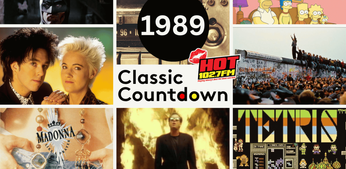 A collage featuring Batman, a radio, The Simpsons, Roxette, the Berlin Wall, Madonna, a man in sunglasses, and a Tetris game, all around a 1989 Classic Countdown HOT 102.7FM logo.
