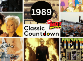 A collage featuring Batman, a radio, The Simpsons, Roxette, the Berlin Wall, Madonna, a man in sunglasses, and a Tetris game, all around a 1989 Classic Countdown HOT 102.7FM logo.