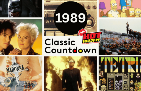 A collage featuring Batman, a radio, The Simpsons, Roxette, the Berlin Wall, Madonna, a man in sunglasses, and a Tetris game, all around a 1989 Classic Countdown HOT 102.7FM logo.