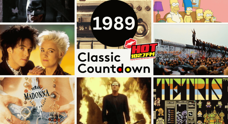 A collage featuring Batman, a radio, The Simpsons, Roxette, the Berlin Wall, Madonna, a man in sunglasses, and a Tetris game, all around a 1989 Classic Countdown HOT 102.7FM logo.