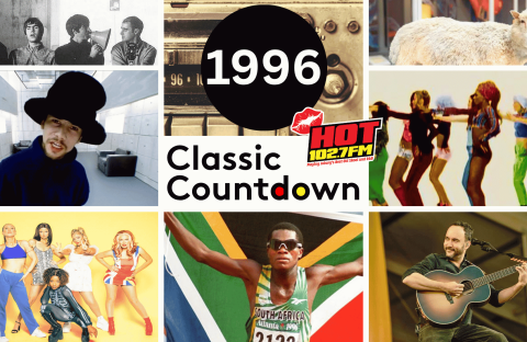 A collage with 1996 Classic Countdown in the center, featuring images of pop culture from 1996: The Beatles, a radio, Dolly the sheep, dancers, Jamiroquai, Die Hard references, the Spice Girls, Josia Thugwane, and a guitarist.