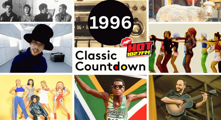 A collage with 1996 Classic Countdown in the center, featuring images of pop culture from 1996: The Beatles, a radio, Dolly the sheep, dancers, Jamiroquai, Die Hard references, the Spice Girls, Josia Thugwane, and a guitarist.