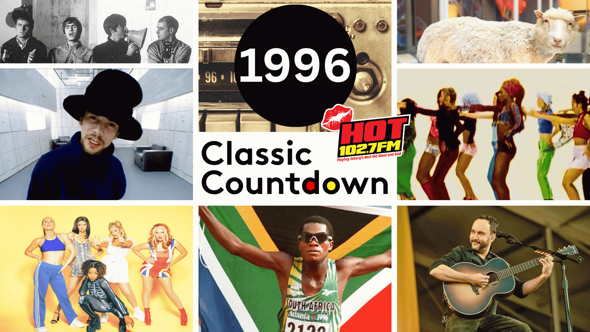 A collage with 1996 Classic Countdown in the center, featuring images of pop culture from 1996: The Beatles, a radio, Dolly the sheep, dancers, Jamiroquai, Die Hard references, the Spice Girls, Josia Thugwane, and a guitarist.