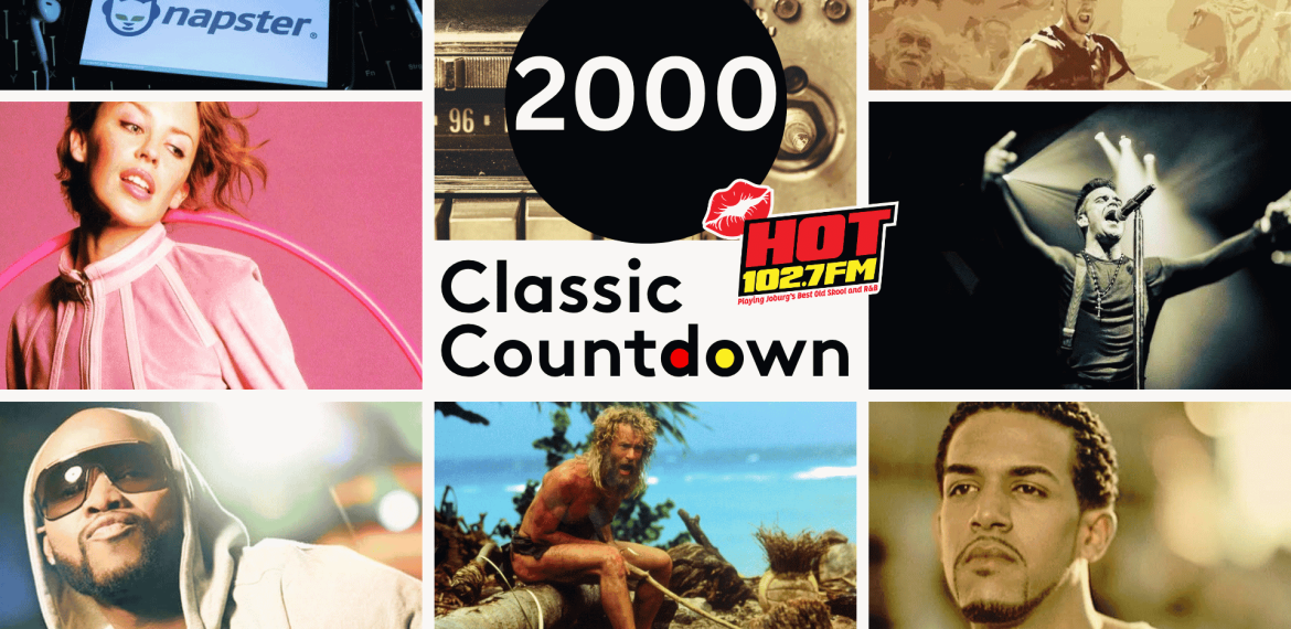 Collage with 2000 Classic Countdown and HOT 102.7 FM logo, featuring artists, a Napster logo, a man stranded on a beach, and a vintage radio, highlighting pop culture from the year 2000.